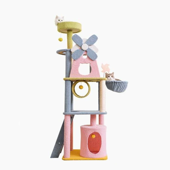 Large wooden Cat Condo Sisal Scratching Post Cat Tower Climbing Frame Indoor Cats Tree with hairball toy