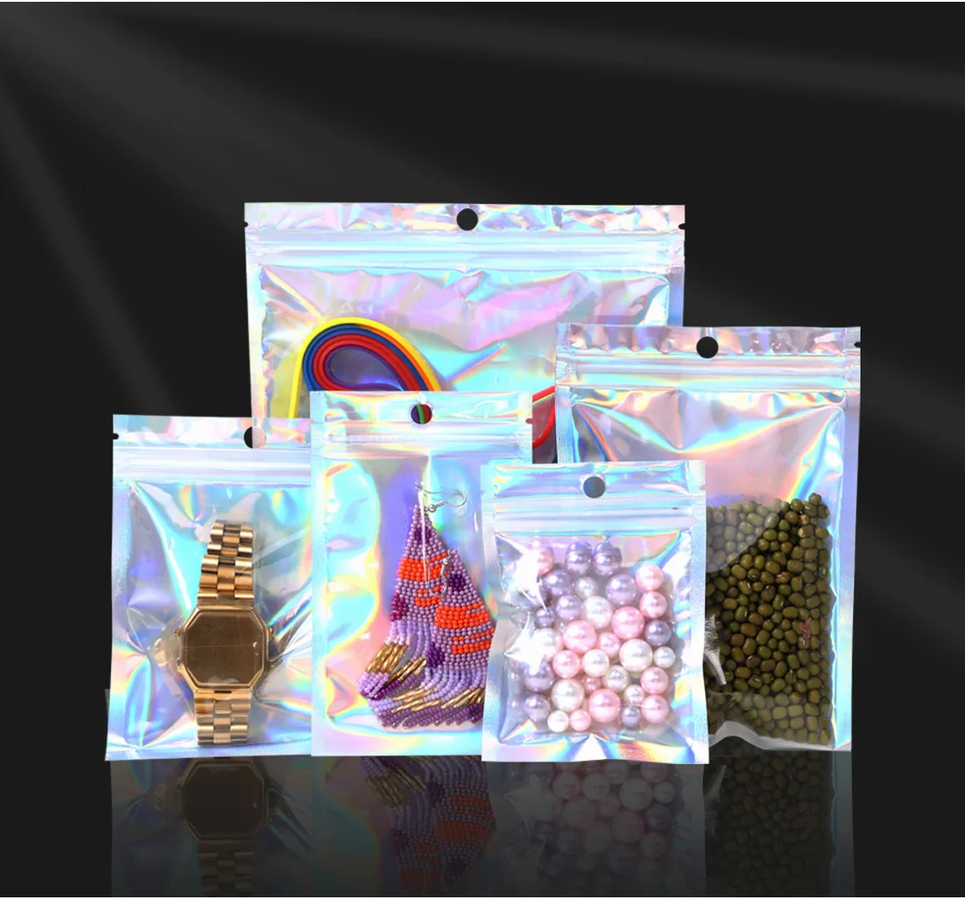 One Side Clear Small Mini Rainbow Iridescent Mylar Packaging Ziplock Pouch Bags custom logo pvc plastic shopping bag holographic