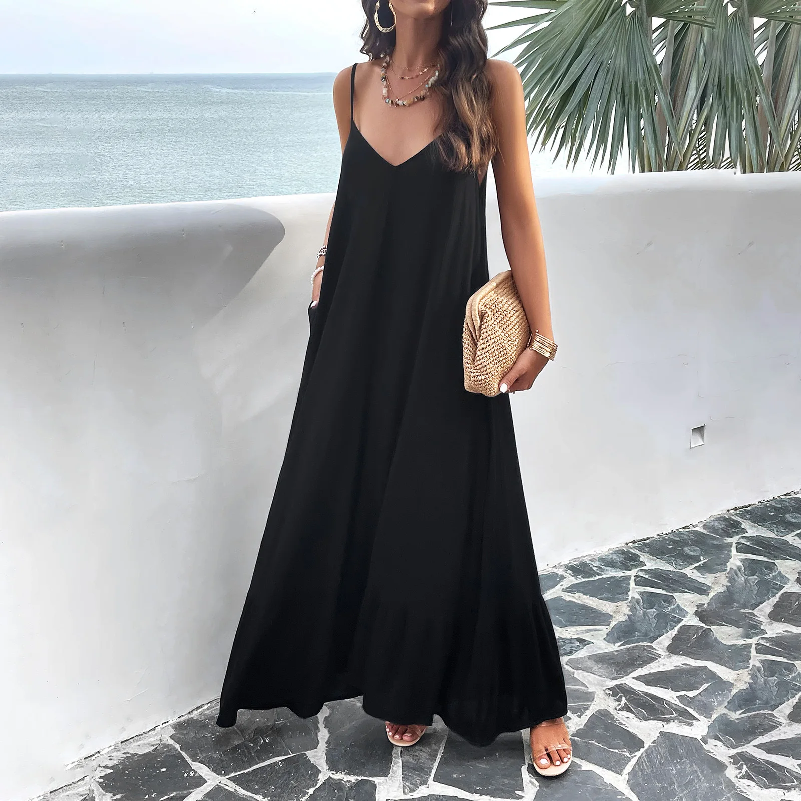 Sleeveless Casual Split Long Maxi Beach Slip Dress Loose Ladies Spaghetti Strap Floral D638 Women's Summer Plus Size Natural