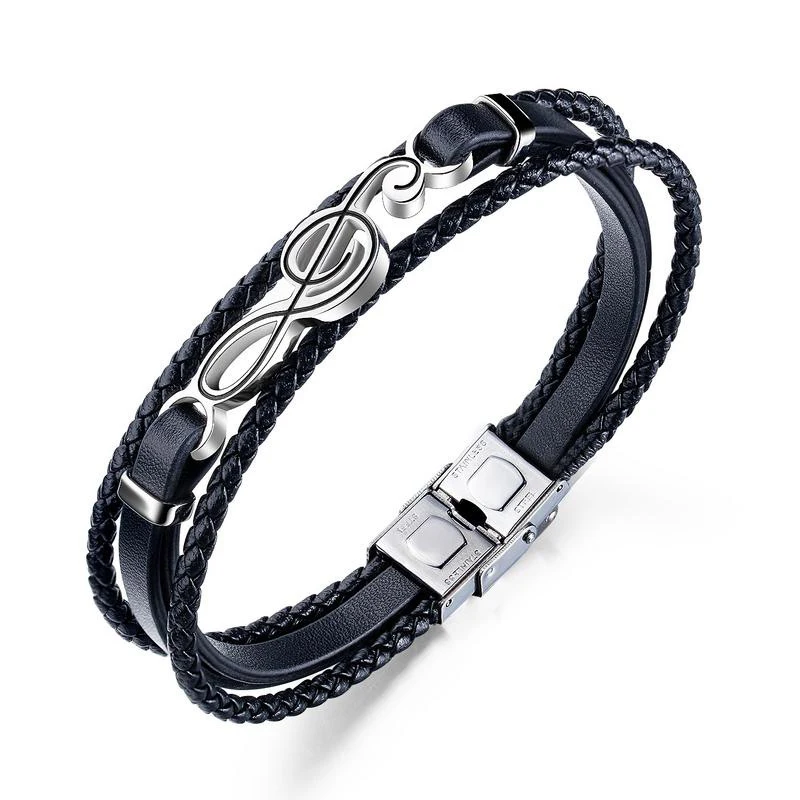 Wholesale Stainless Steel Musical Notes Women Men Leather Bracelets Punk Rope Chain Music Fans Unique Bangles Bracelet For Male
