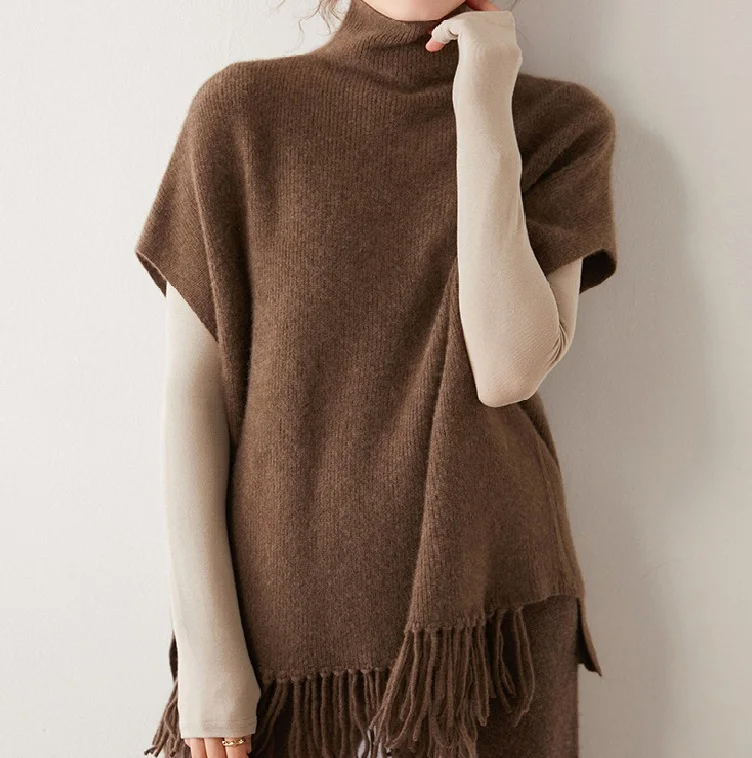 Custom Autumn Winter New Cashmere Sweater Women Half High Neck Warm Vest Cloak Fringe Sleeveless Knitted Thick Outside