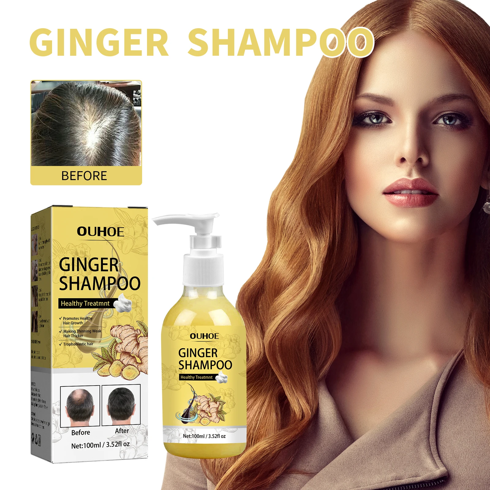 OUHOE Hair Shampoo Hair Growth Gel Moisturizing Anti-itch Solid Hair Care Dense Fluffy Body Care Organic Ginger shampooShampoo