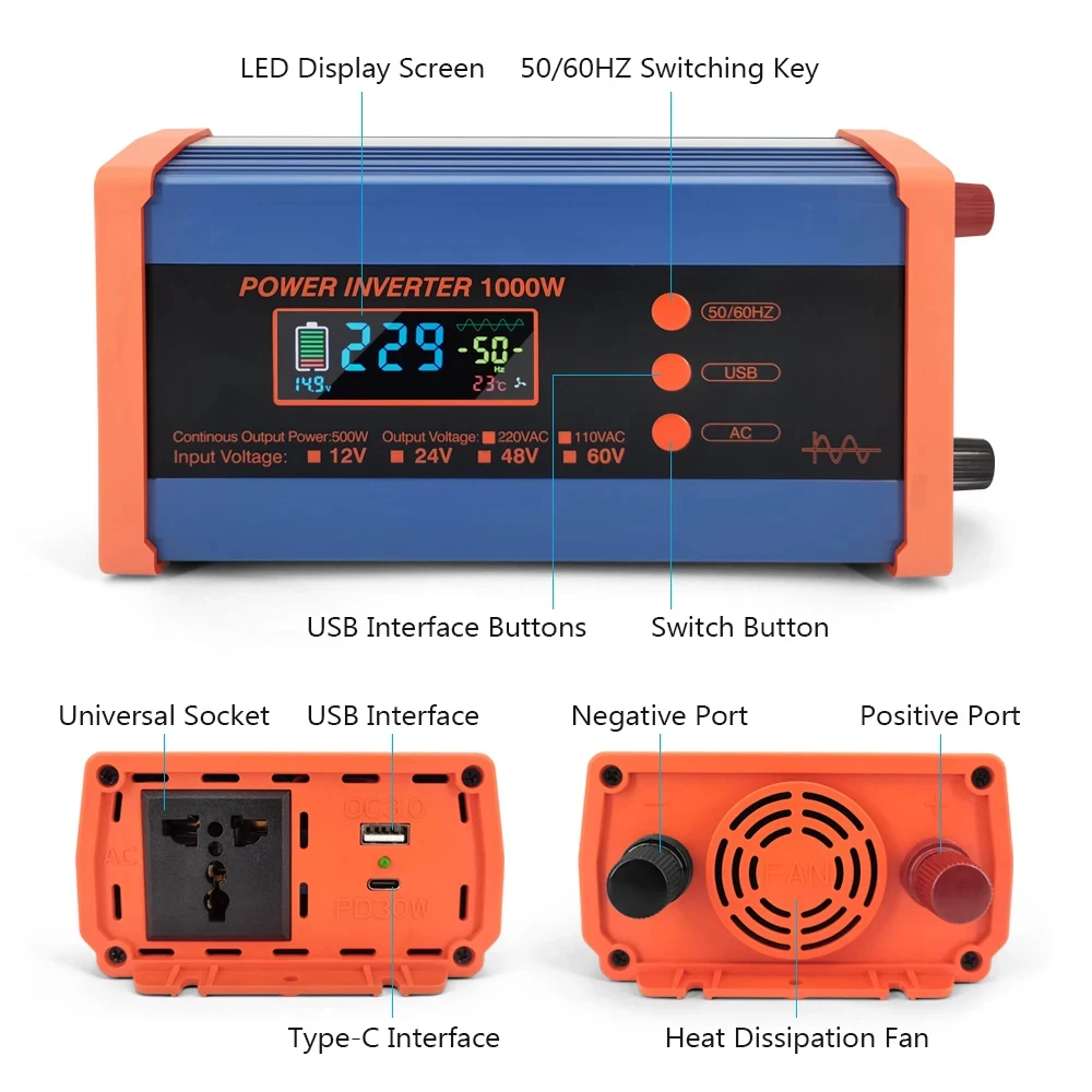 Car Pure Sine Wave Inverter DC 12V 24V To AC 220V 1000W Voltage Transformer Power Converter Solar Inverter With LED Display