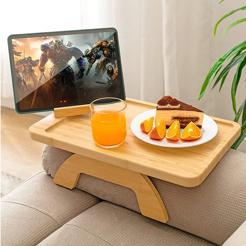 Wooden Portable Folding Couch Breakfast Tray Bamboo Side Tables Sofa Armrest Clip-on Tray with Rotating Phone Holder Living Room