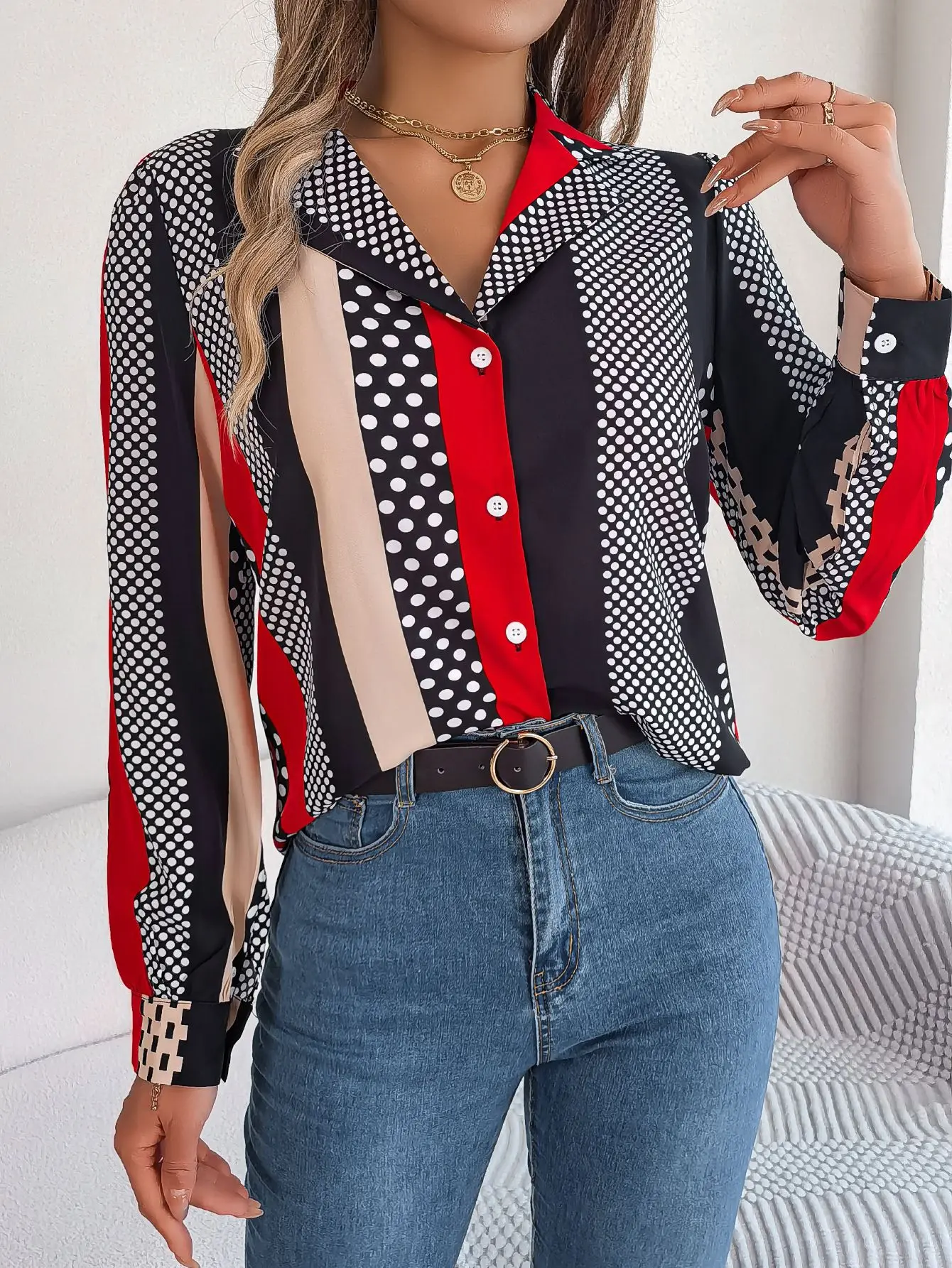 Autumn Casual All-match Contrast Polka Dots Tailored Collar Long Sleeve Shirt