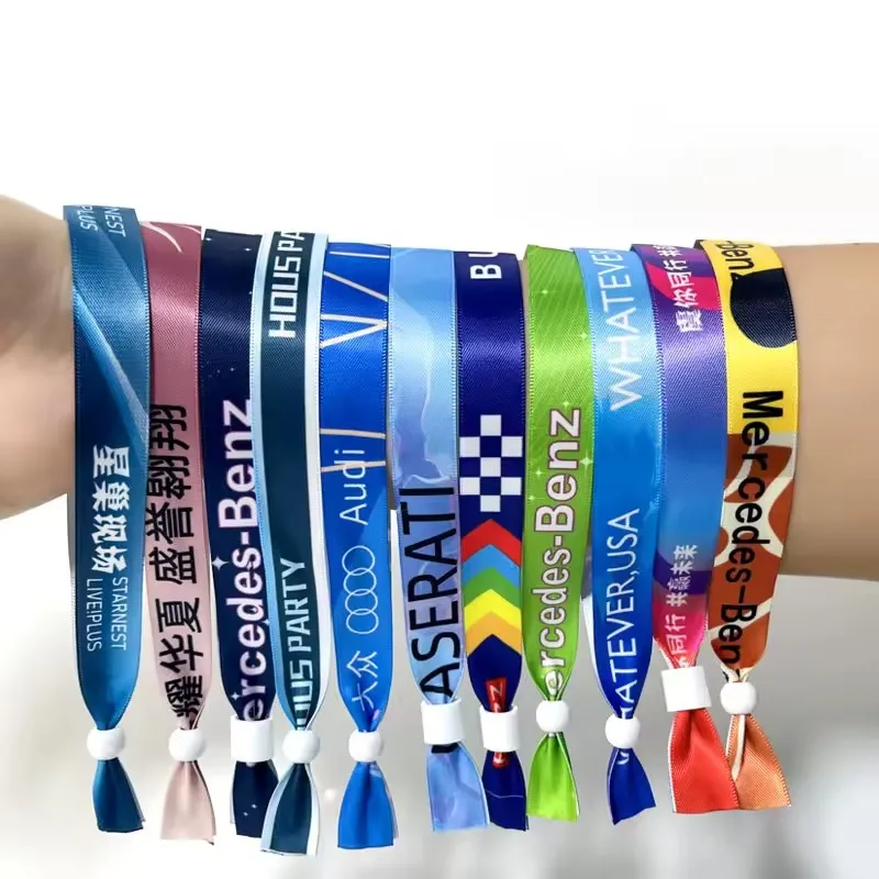 Disposable Plastic Lock Heat Transfer Printing Festival Ribbon Cloth Wristbands With Plastic Button RFID CHIP CUSTOM
