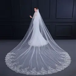 One Layer Women Trailing Cathedral Long Wedding Veil Embroidered Floral Lace Applique Scalloped Trim Bridal Veil With Comb