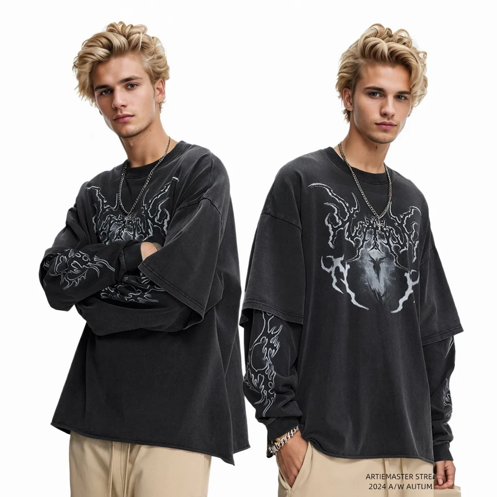 Custom dtg Screen Print T-Shirt Cotton Ripped Distressed Stone Vintage Acid Wash Double Layer Long Sleeveless T Shirt For Men