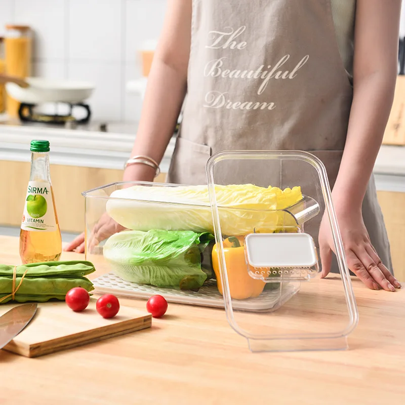 BPA Free Clear PET Plastic Stackable Fridge Refrigerator Freezer Vegetable Fruits Food Storage Box Bin with Lid and Drain Tray