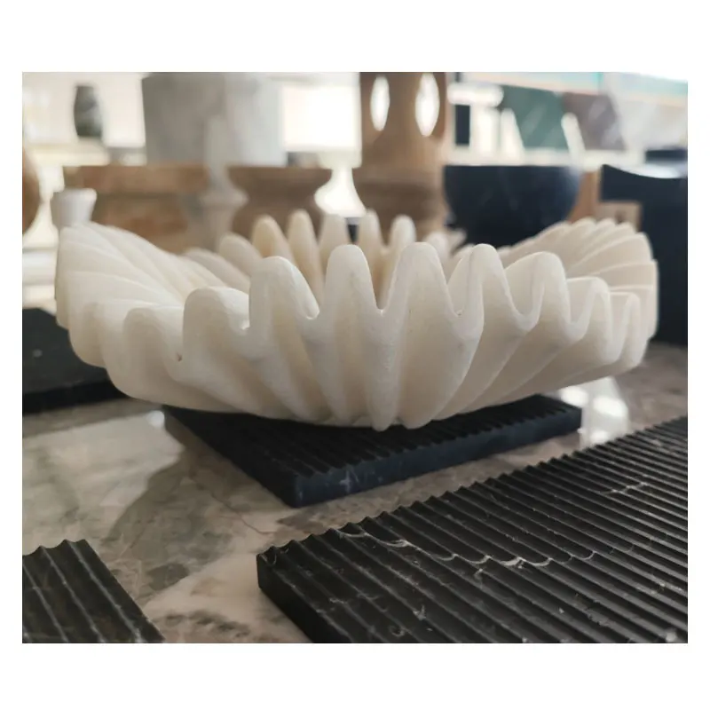 HZX Classic White Natural Stone Marble Flower Decorative Bowl Home Fruit Jewelry Marble Onyx Travertine Contemporary Bowls