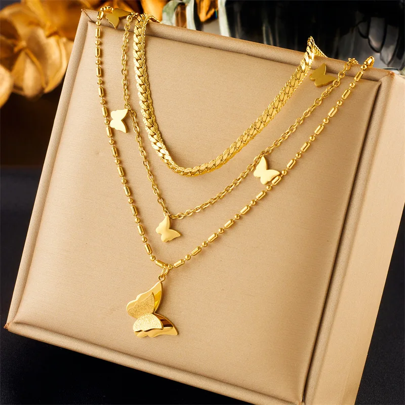 Vintage Gold Stainless Steel Pearl Heart Pendant Necklace Women Fashion Multi-layer Butterfly Tassels Necklace Jewelry For Gifts