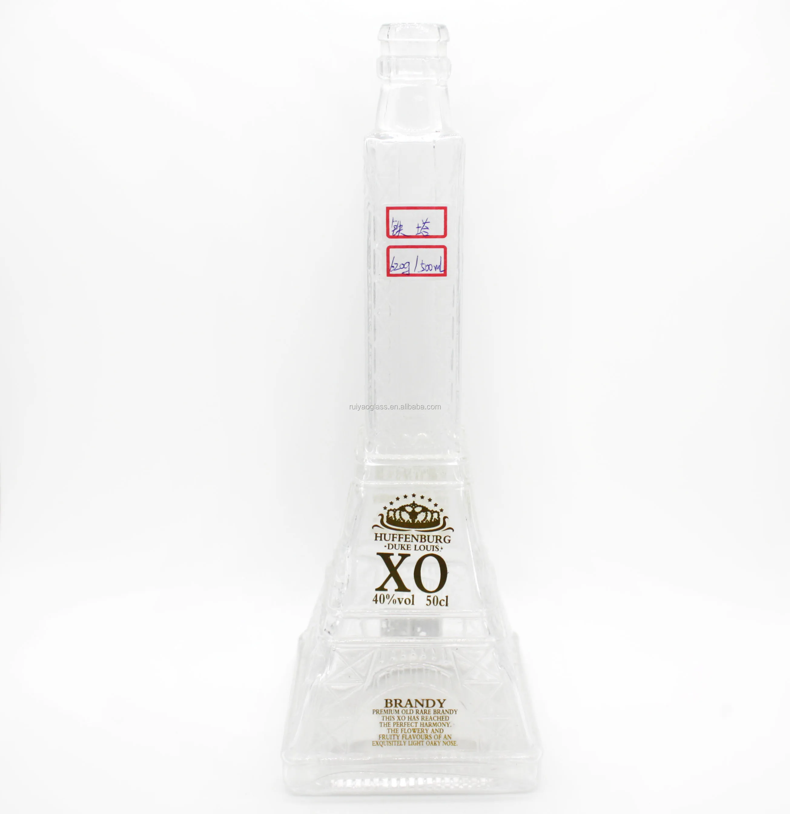 Factory supplier custom made vodka glass bottle Eiffel Tower liquor bottle  500ml clear XO glass bottle