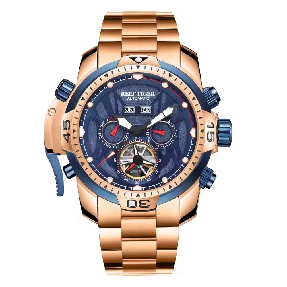 REEF TIGER RGA3532G Sport Watch Complicated Dial with Year Month Perpetual Calendar Big Steel Case Watches