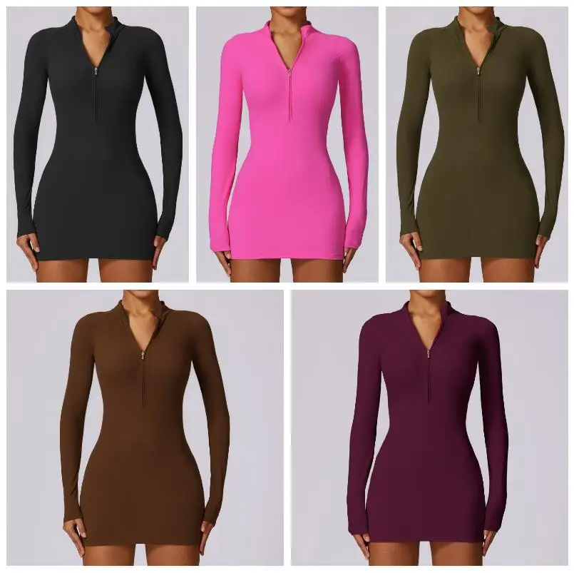 PASUXI 2024 Custom Half Zipper Casual Skirt Jumpsuits for Ladies One Piece Dress Seamless Fitness Workout Yoga Tight Jumpsuit