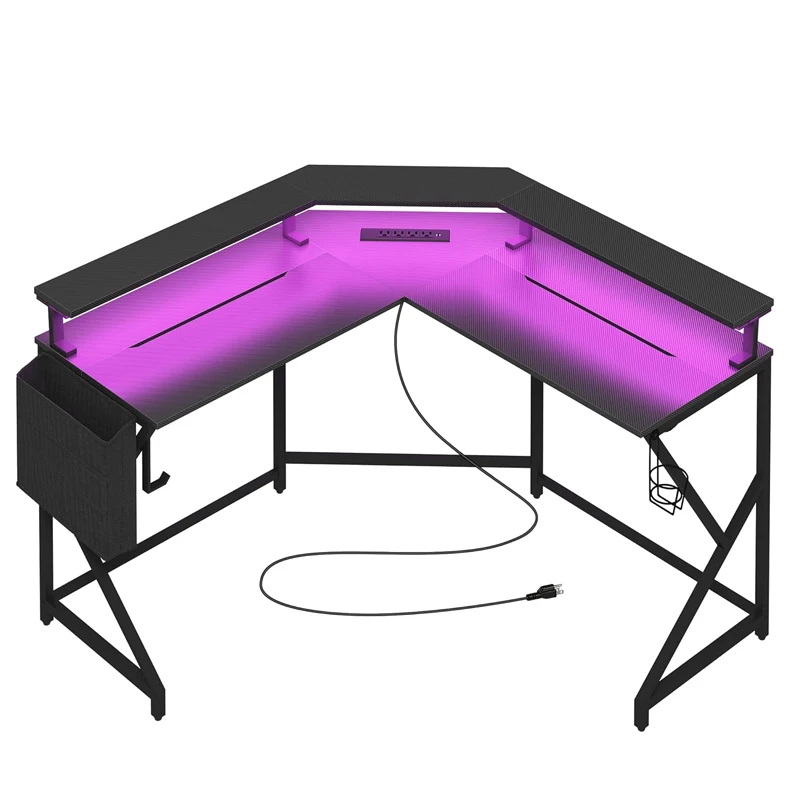 L Shaped Large Desktop Black Gaming Desk with LED Lights & Power Outlets pc gamer gaming table for home office