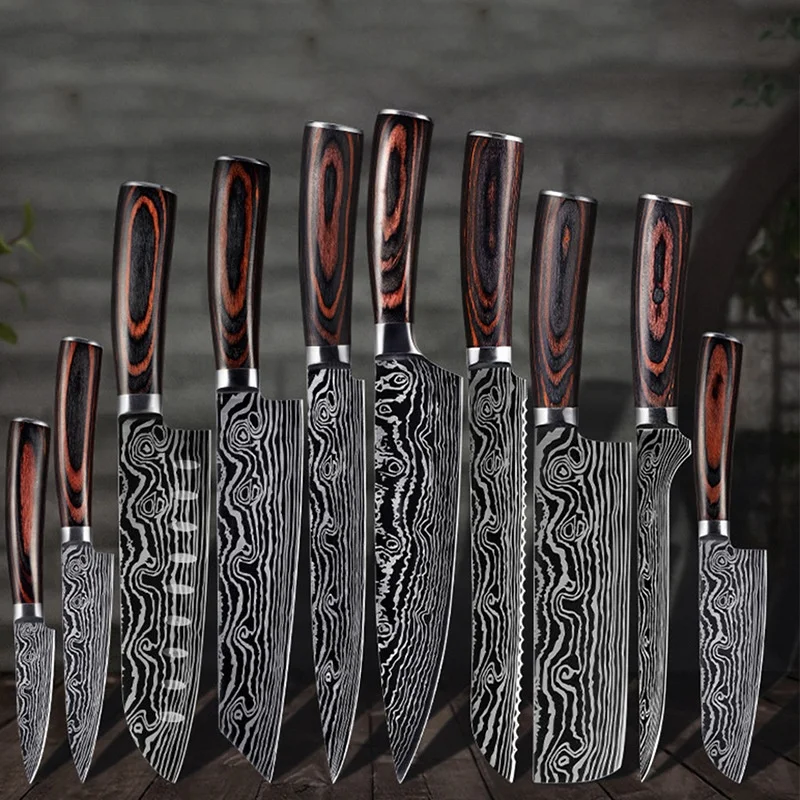 10pcs stainless steel Cooking Chef Kitchen Knife Set Japanese Damascus Laser Pattern Kitchen Knives