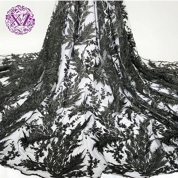 Оптовая продажа, индивидуальная Водорастворимая сетка, черная Свадебная кружевная ткань с бисером для вечернего платья