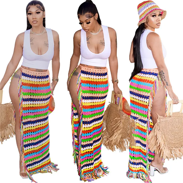 C2768-sexy hollow out beach skirt cover up women tassel bandage crochet beach skirt