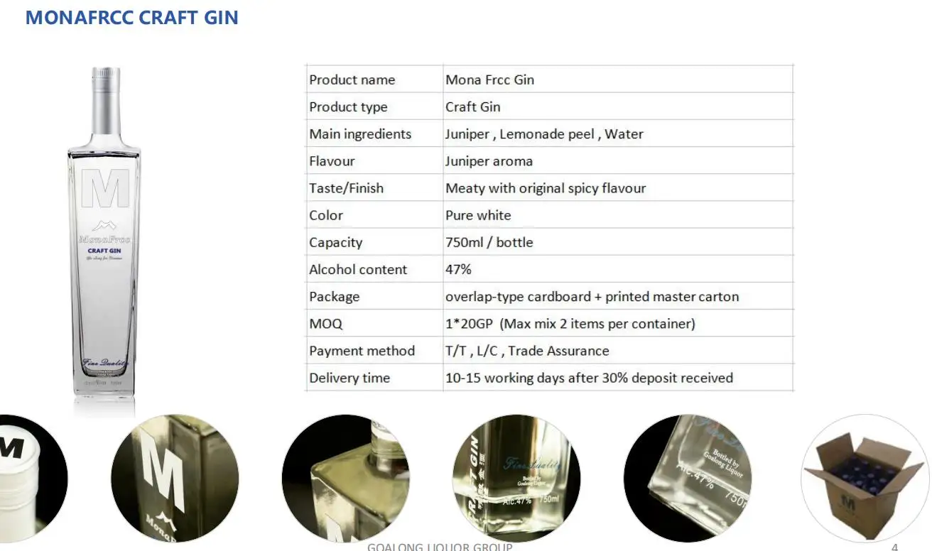 750ml 42VOL Goalong MonaFrcc London handmade gin