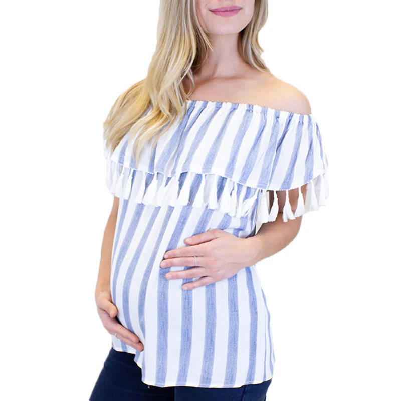 Summer Pregnant Blue Off Shoulder Striped Women Blouse Maternity Clothing