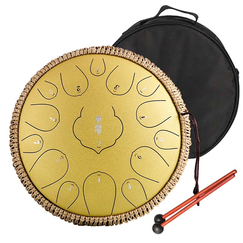 Hluru Lotus Steel Tongue Drum 15 Note 13 Inch Handpan Musical Instruments Drums Kit With Bulge THD15