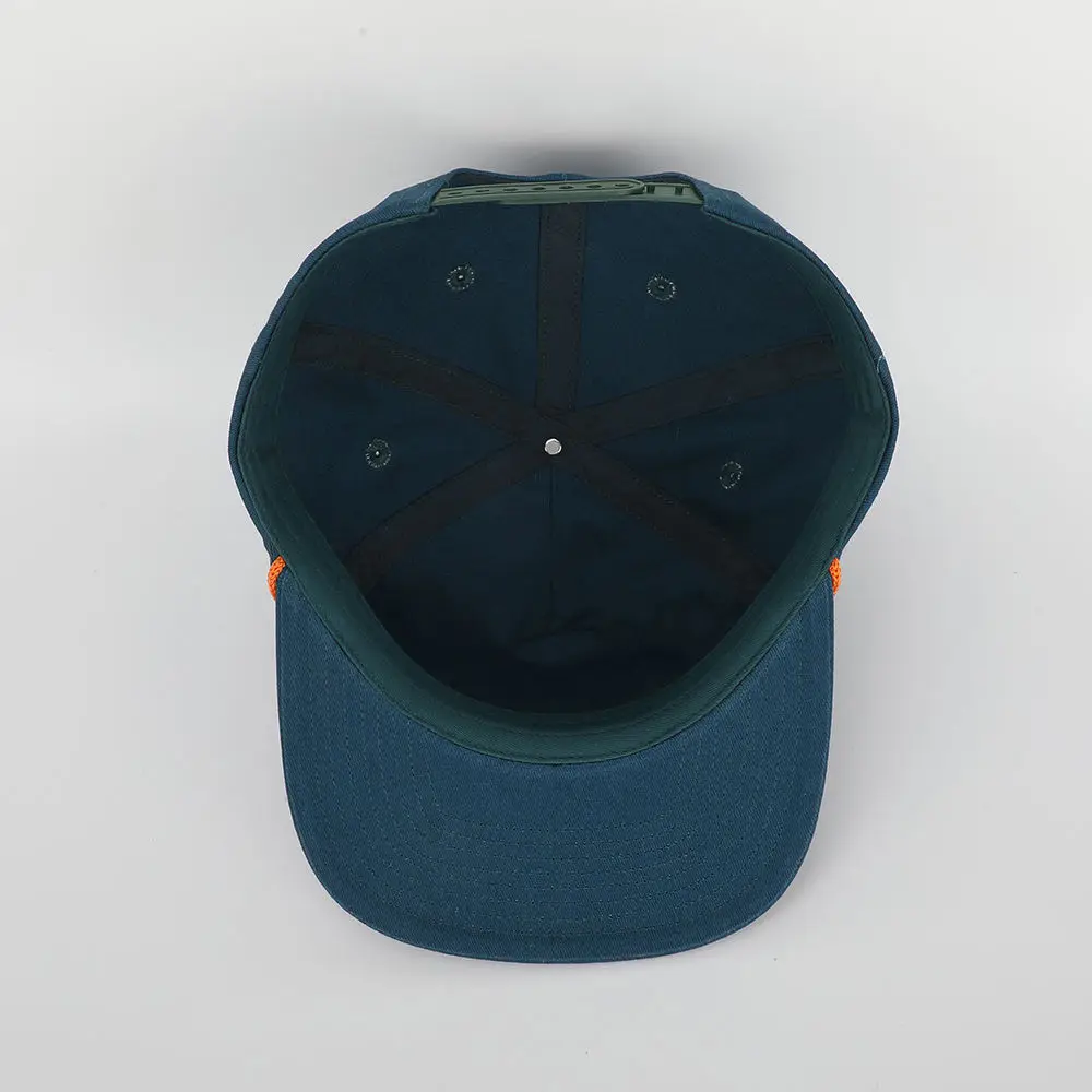 Wholesale Custom Men High Quality 5 Panel Blue Cotton Rope Hat Flat Bill Unstructured Woven Patch Logo Baseball Cap