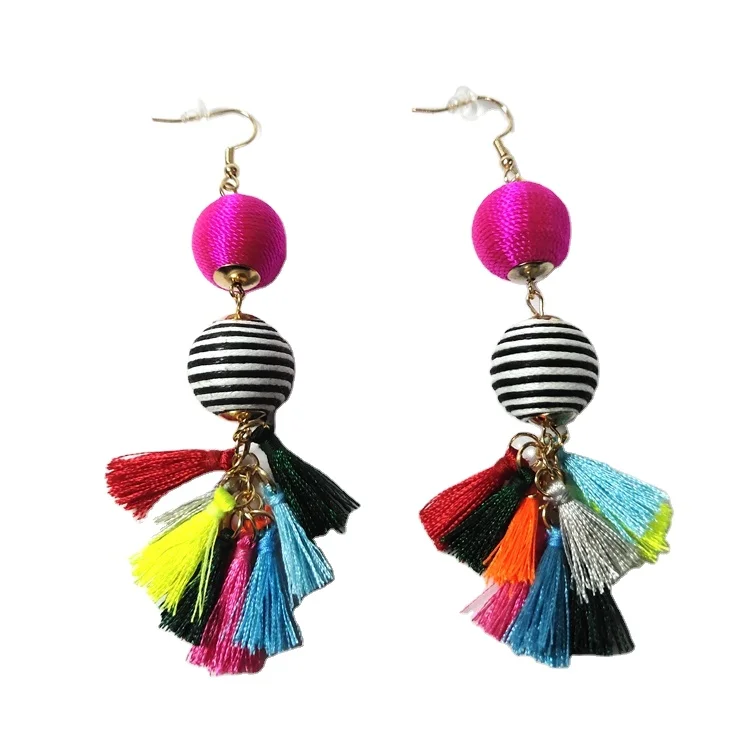 Personalized unique hoop fringe with multi color shape silk tassel earring