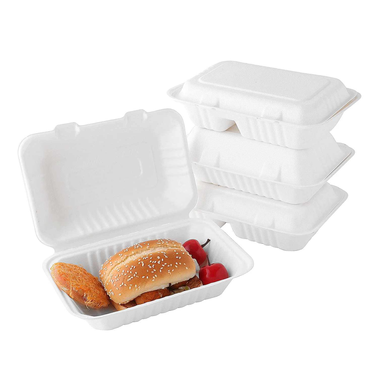 7*5 inch bagasse disposable biodegradable food packaging sandwich box paper takeout clamshell container with lid