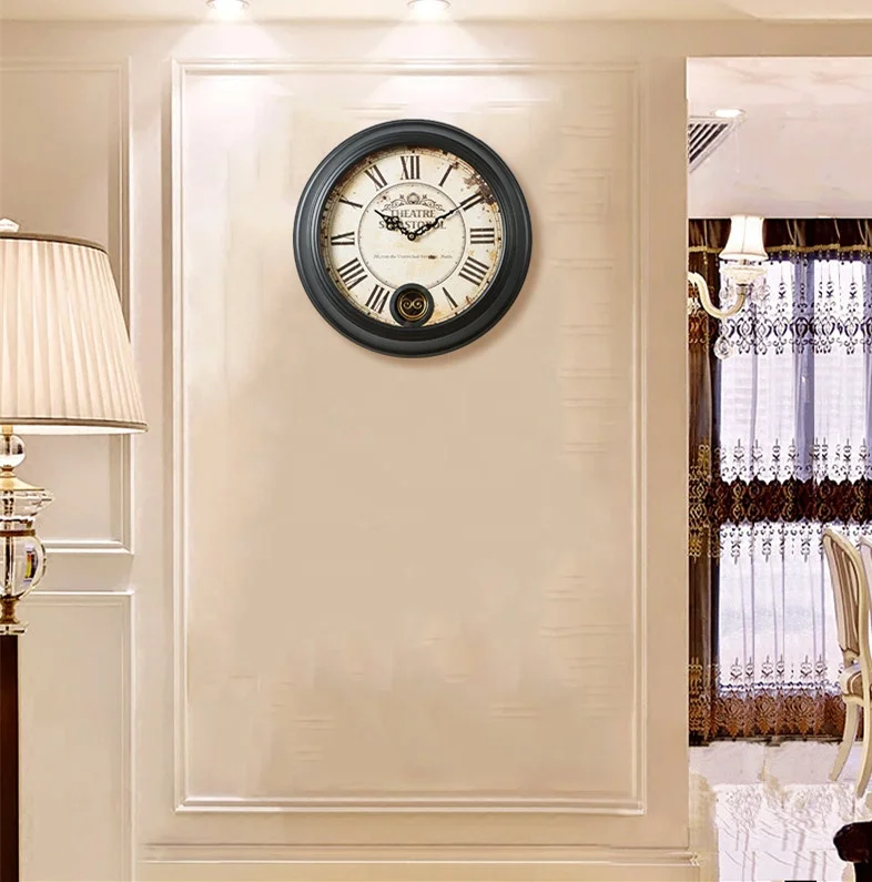 Metal Round Antique Black Wall Retro Decorative Home Pendulum Clock with Glass