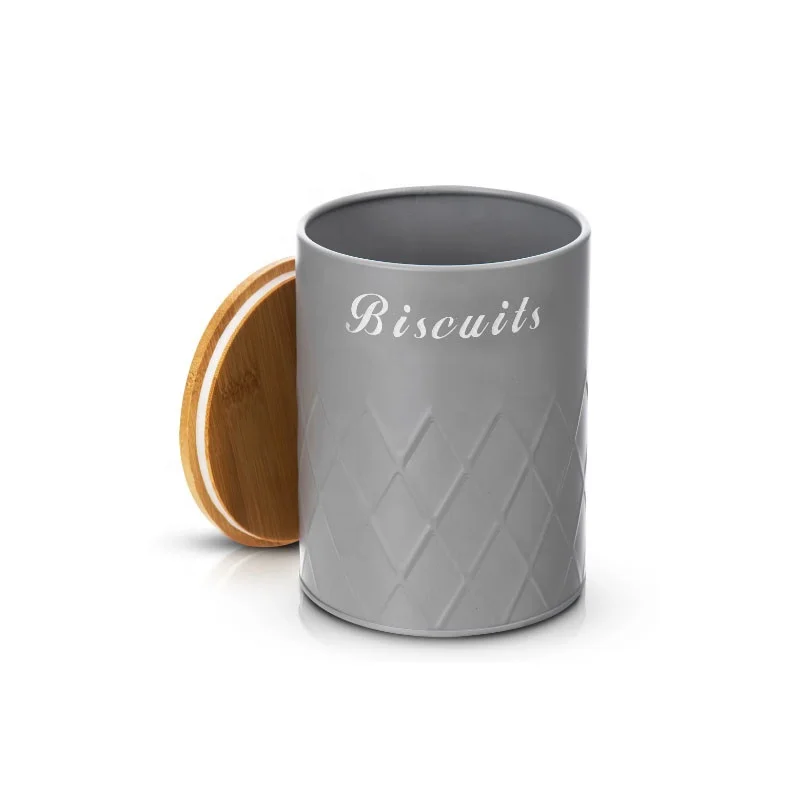 5pcs Kitchen Storage Set Airtight Bamboo Lids Grey Metal Container with Biscuit Barrel Canister Diamond Embossed Design
