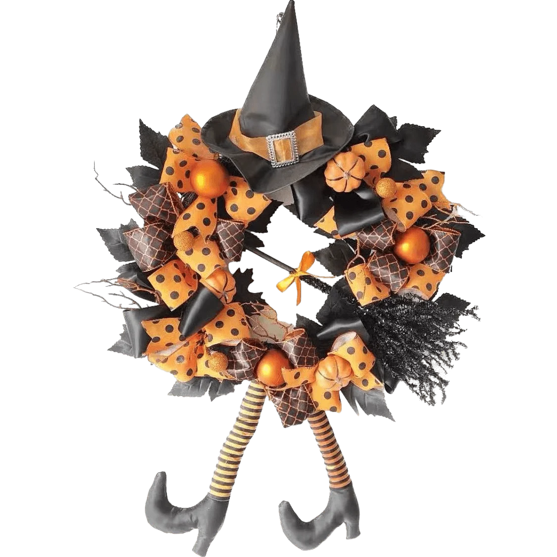 Senmasine Indoor Outdoor Decoration 24 Inch Orange Baubles Glitter Spider Broom Witch Hat Two Long Legs Halloween Door Wreath