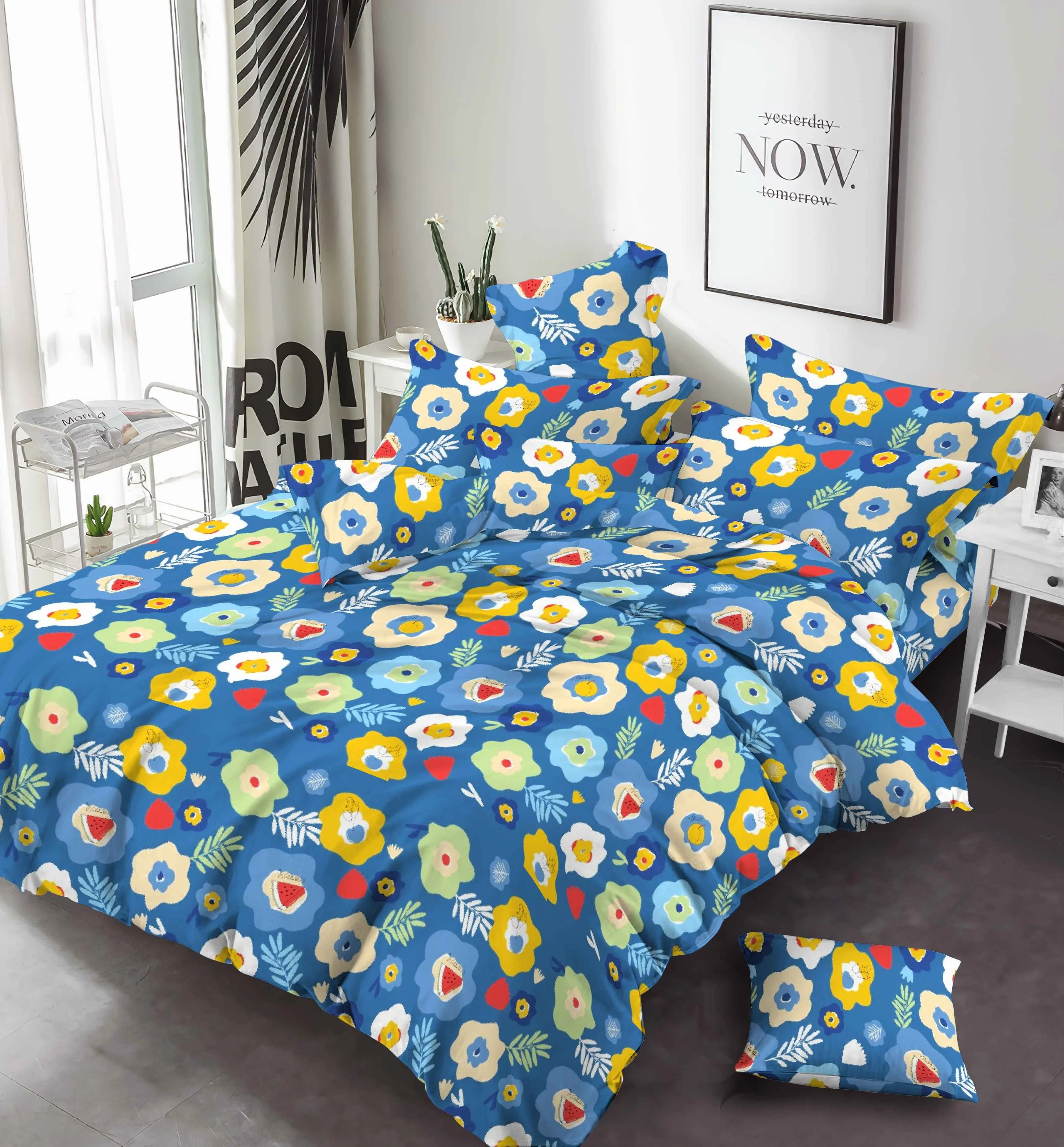 Blue flower geometric pattern print 100% polyester microfiber fabric for making bed sheets For Making Bed Sheets