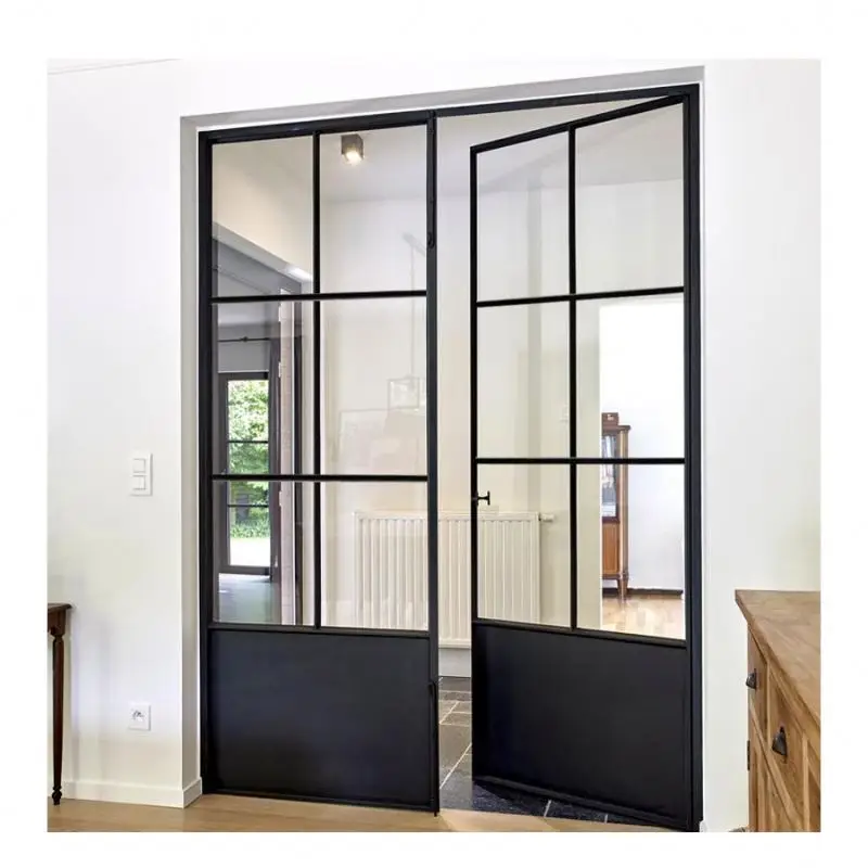 Modern Interior Office Partition Garden Patio French Style  Powder Coated Black Glass Door With Steel Frame