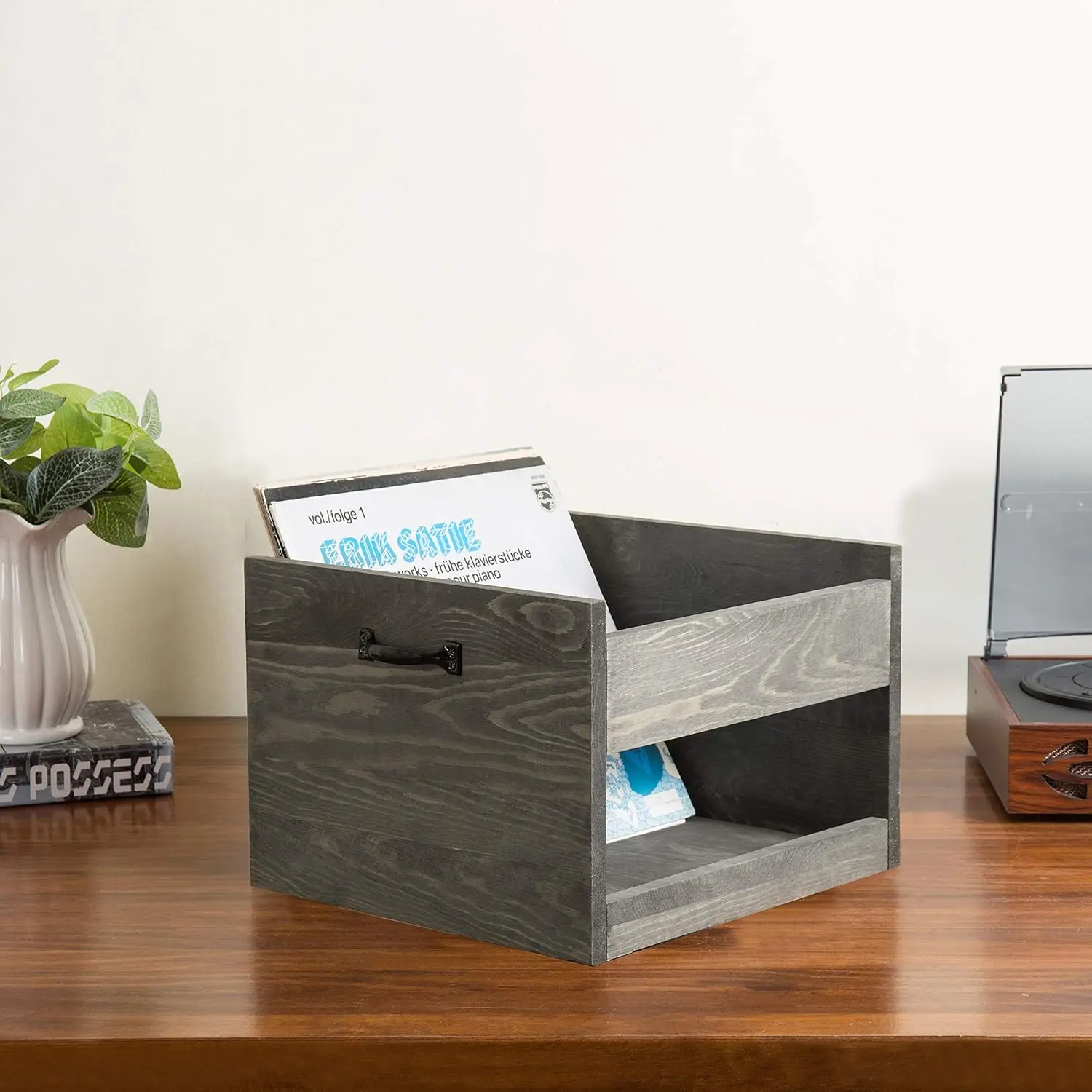 Vintage Grey Wood Vinyl Record Holder Storage Rolling Crate with Casters, Decorative Box for LP Records,Wood Crates for Storage
