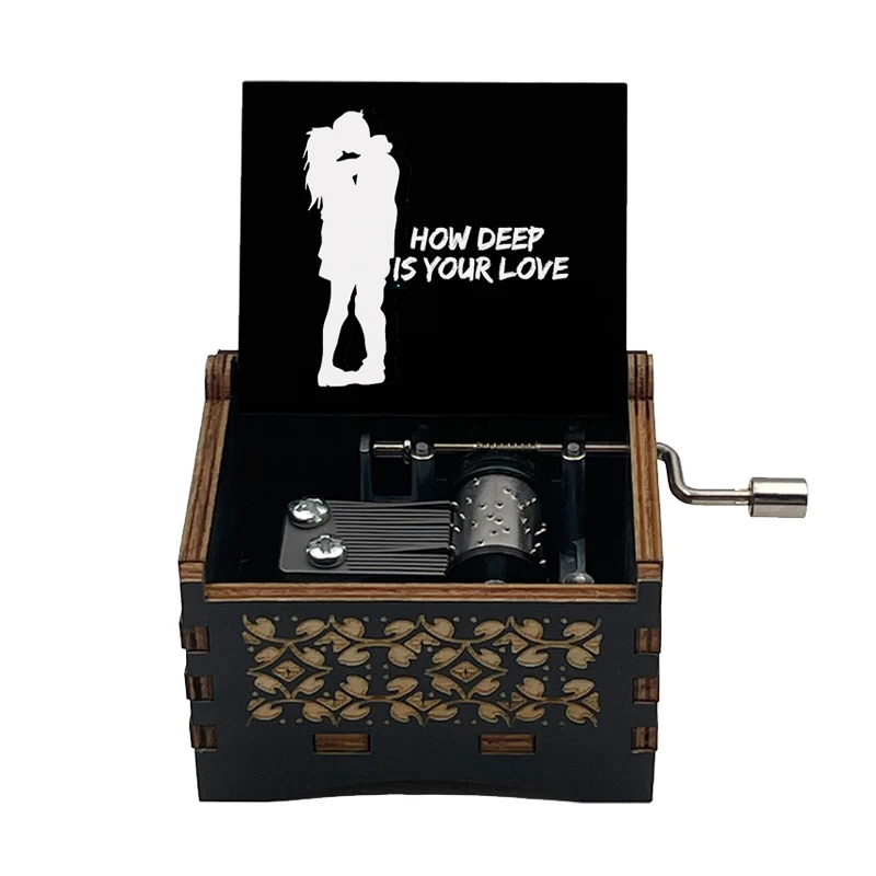 Custom How Deep is Your Love Hand Crank Music Box Wooden Black Luxury Gift Box for Office Home Ornament