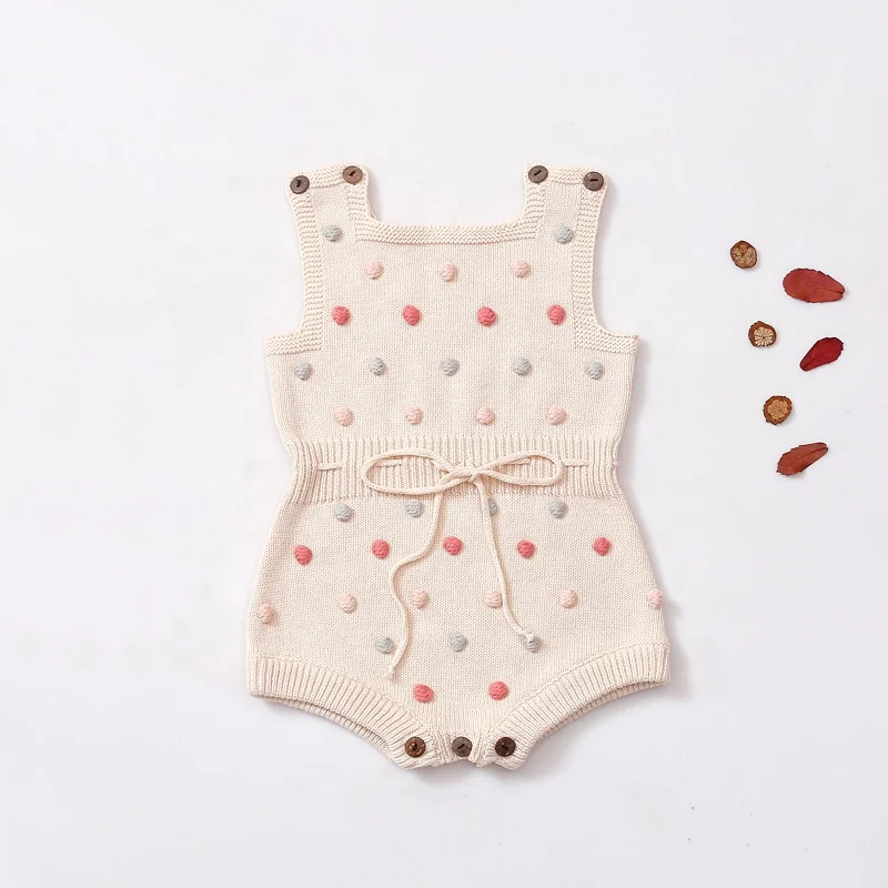 Cotton Cable Crochet Knit Baby Girl Clothes Bodysuit Custom Poms Poms Baby Girl Rompers