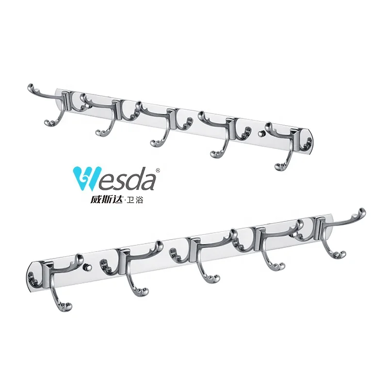 Guangdong WESDA Factory Supplier Cheap Hotel Wall Mounted Stainless Steel Clothes Hanger with 5 Double Dual Hook Coat Rack