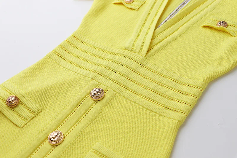 2024 New ready to ship or custom high quality top fashion v neck knitted yellow dresses women elegant