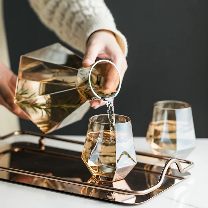 Hensin Luxury Diamond  Home With Handle Glass Drinking Family Tea Cups Glass Water Kettle Set For Guests