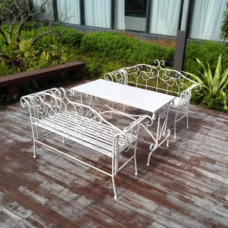 Hot Selling Outdoor Wrought Iron Antique Furniture long bench chairs and tables For Garden Party