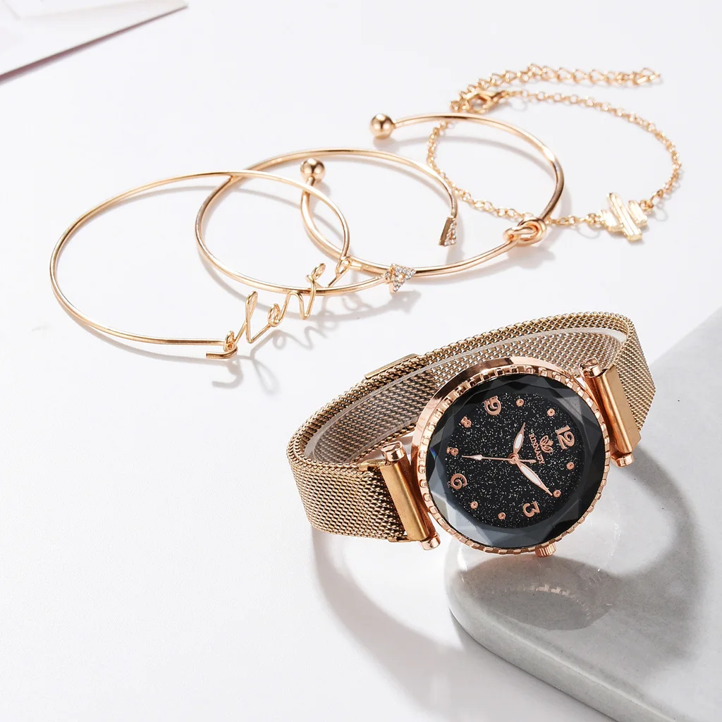 Luxury Brand Rose Gold Starry Sky Dial Watches Women Ladies Crystal Bracelet Quartz Wrist Watch 5 PCS Set Relogio Feminino