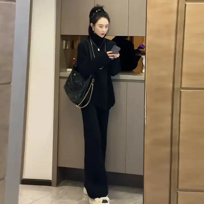 2024 autumn high-quality best-selling crewneck long sleeve loose solid color knit sweater two-piece pants set