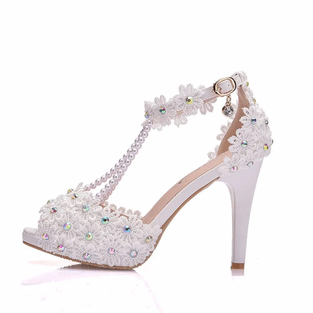 Ladies Heels White Wedding for Bride Shoes With Flower Lace Weddings Sandals Women