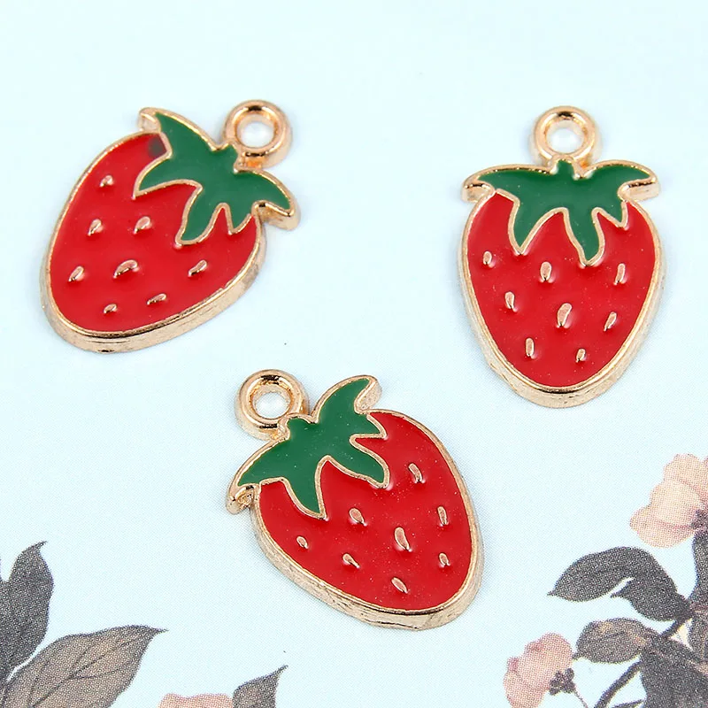 Gold Color Enamel Small Red Strawberry Charms Pendant Fit Women Girls Necklace Bracelet DIY Making Jewelry Accessories