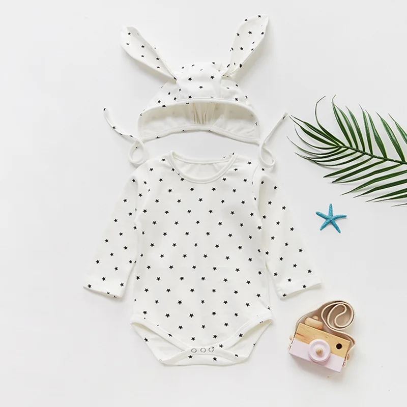  Easter Baby Rabbit Ear Dots Rompers Caps Boys Girls Long Sleeves Bunny