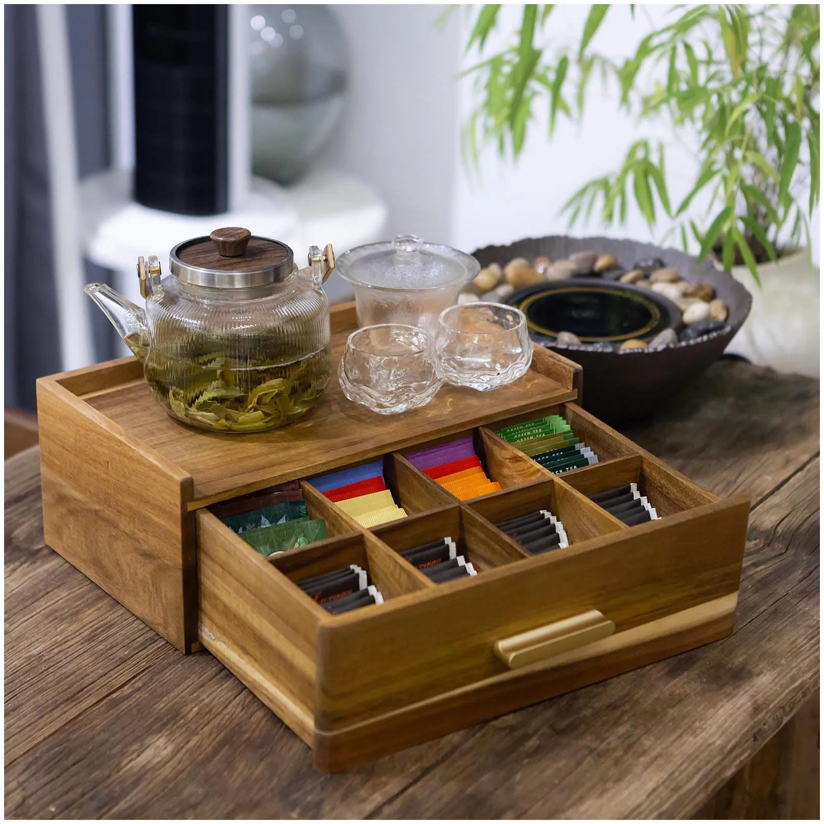 Teabag Holder Container Box for Countertop Acacia Wood Tea Bag Organizer Tea Organizer and Storage Box Tea Bags Storage Drawer