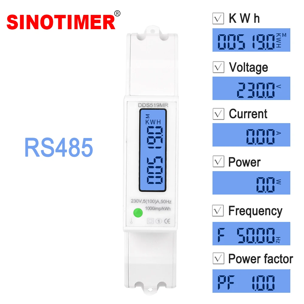 Multifunctional Digital Voltmeter Ammeter Wattmeter LCD Backlight Display DIN Rail KWH Meter AC 230V 5-100A RS485 Modbus Output