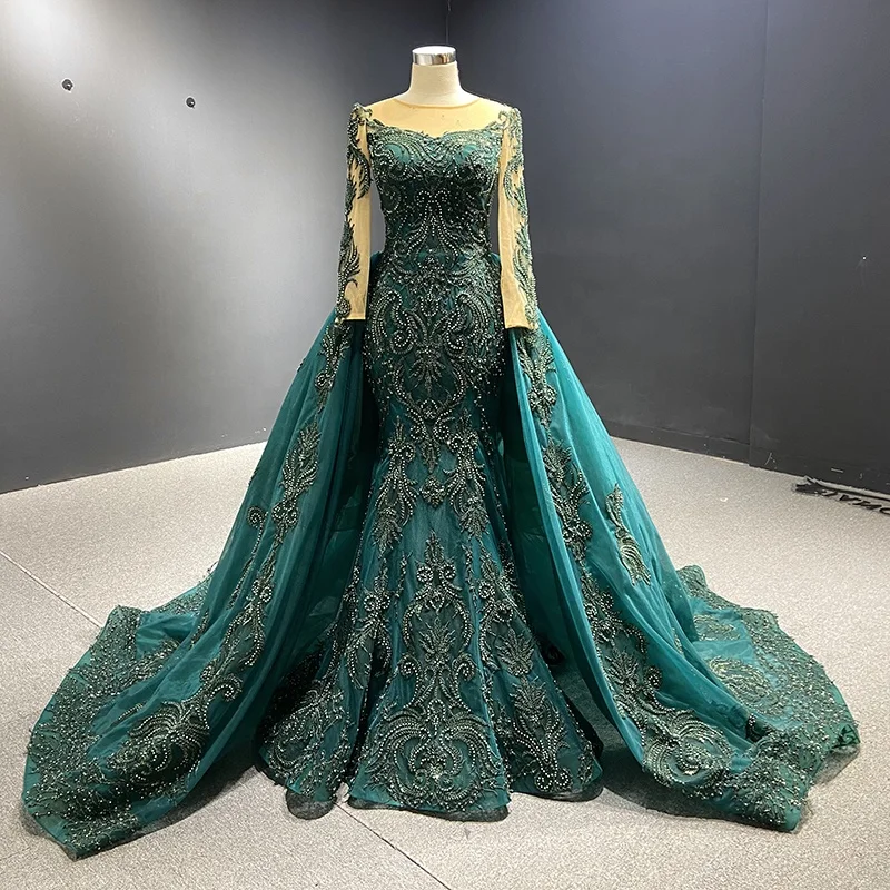 Jancember Rsm67250-1 Luxurious And Elegant Long-Sleeved Lace-Tailed Dark Green Muslim Evening Dress