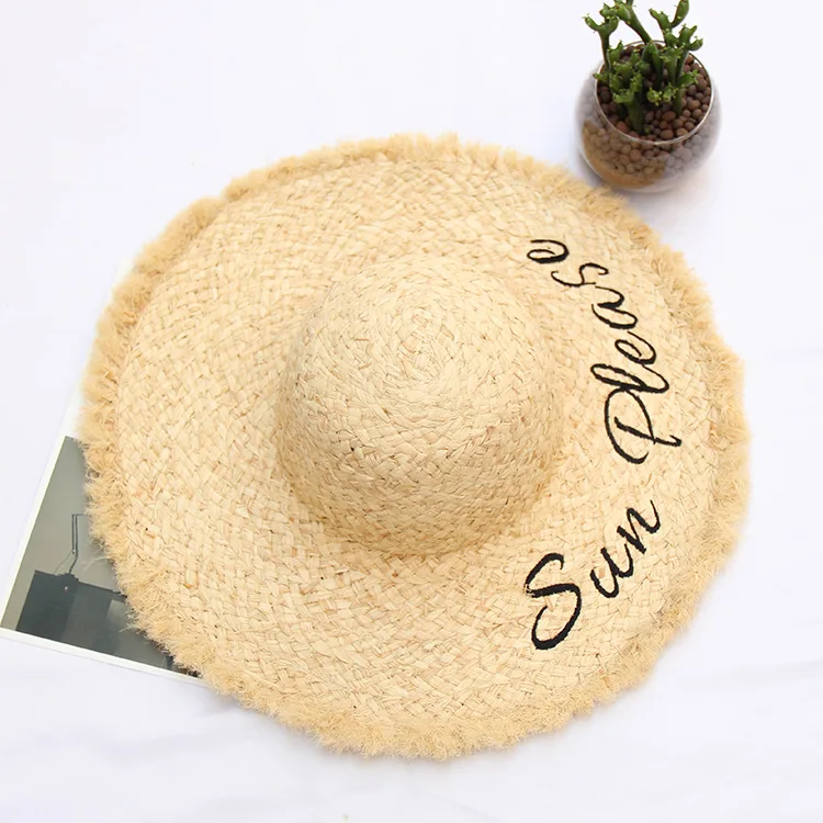 high quality raffia straw custom embroidered summer hats frayed edge ladies women beach hat