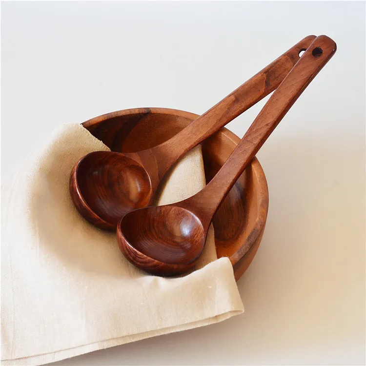 Chinese Wholesale Custom Logo Hotel Dark Brown Long Handle Big Hot Pot Ramen Wood Soup Spoon For Tableware